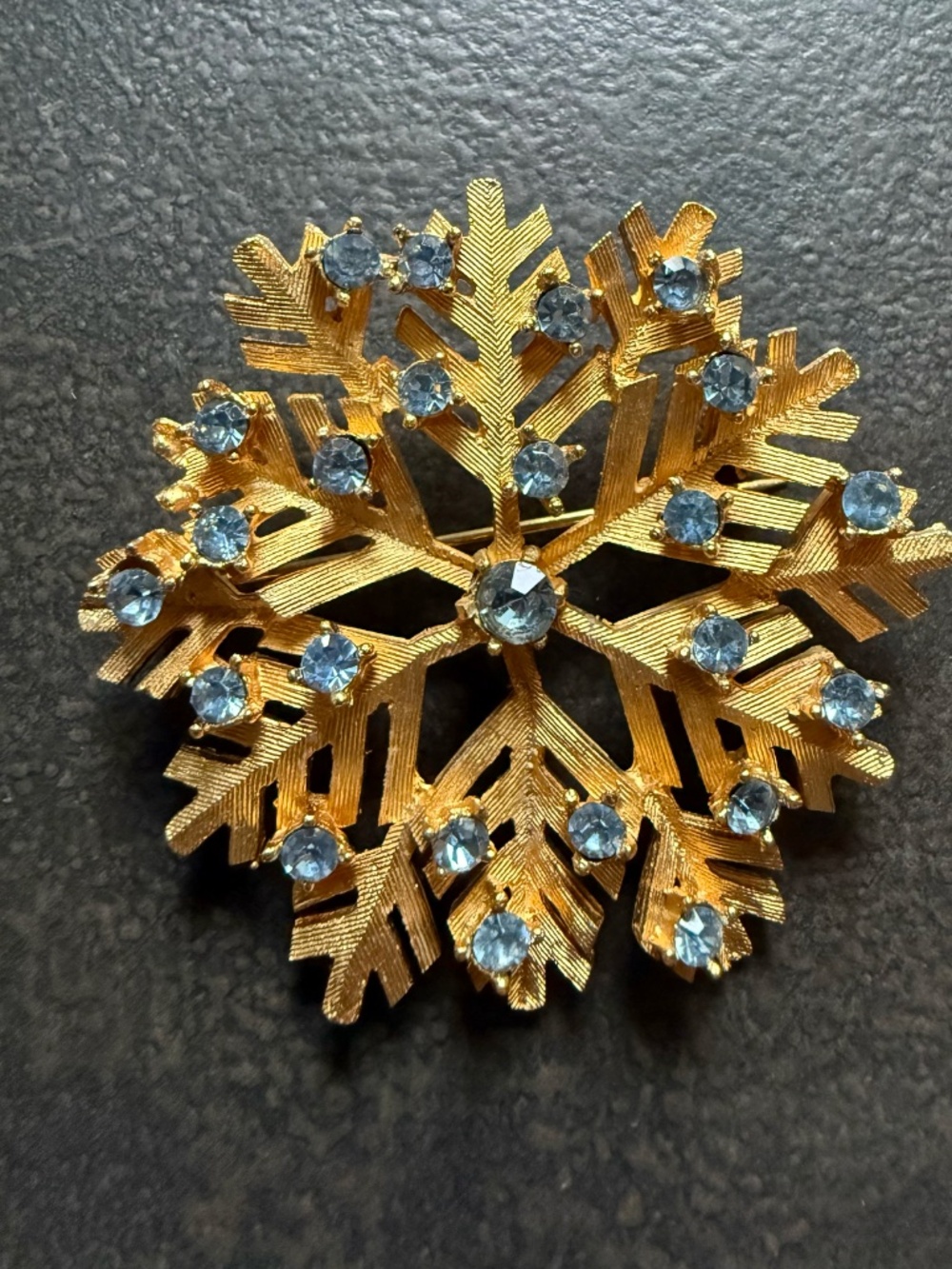Vintage Gold Snowflake Brooch with Powder Blue Rhinestones Dodds